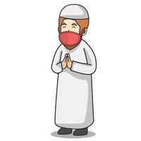 moslim man met witte jurk traditionele muslim.greeting vergeving aan een andere moslim in ramadan maand, met behulp van masker en gezonde protocol.character illustratie. vector