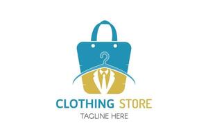 kleding op te slaan logo ontwerp vector. boodschappen doen zak met hanger logo ontwerp sjabloon. vector