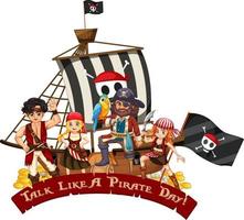 veel piraten stripfiguur op het schip met praten als een piratendag-lettertype vector