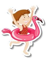 een stickersjabloon van een meisje met een flamingo-zwemring vector