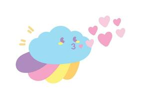 schattig kawaii wolk met regenboog staart ademen harten grafisch element vector