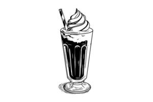 chocola melk schudden schetsen gravure vector illustratie. zwart en wit geïsoleerd samenstelling.