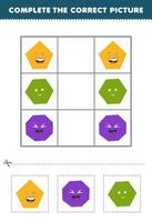 onderwijs spel voor kinderen compleet de correct afbeelding van een schattig tekenfilm Pentagon achthoek en zeshoek afdrukbare vorm werkblad vector