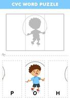 onderwijs spel voor kinderen naar leren cvc woord door compleet de puzzel van schattig tekenfilm hop kind afbeelding afdrukbare werkblad vector