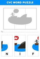 onderwijs spel voor kinderen naar leren cvc woord door compleet de puzzel van schattig tekenfilm haai vin afbeelding afdrukbare werkblad vector