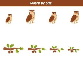 bij elkaar passen schattig uilen en boom takken door maat. leerzaam logisch spel voor kinderen. vector