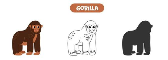 kleurrijk afbeelding, zwart en wit illustratie, vector silhouet. schattig tekenfilm gorilla.