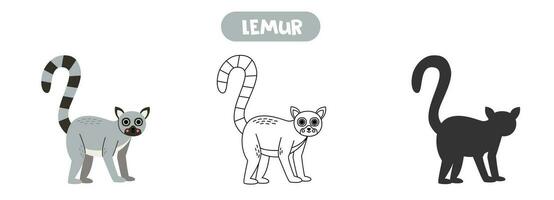 vector illustratie van schattig tekenfilm lemur. kleur bladzijde. vector silhouet.