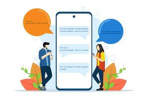 communicatie concept van team werken online met mobiel app. communiceren online met collega's of vrienden. sociaal netwerk vergadering voor bedrijf, vlak vector illustratie Aan wit achtergrond.