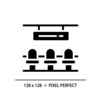 aan het wachten hal pixel perfect zwart glyph icoon. spoorweg station. passagier terminal stoelen. luchthaven salon. vertrek poort. silhouet symbool Aan wit ruimte. solide pictogram. vector geïsoleerd illustratie