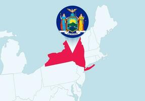 Verenigde staten met geselecteerd nieuw york kaart en nieuw york vlag icoon. vector
