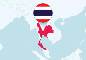 Azië met geselecteerd Thailand kaart en Thailand vlag icoon. vector