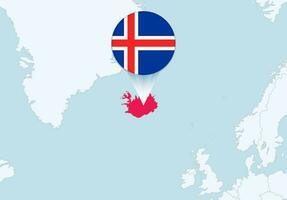 Europa met geselecteerd IJsland kaart en IJsland vlag icoon. vector