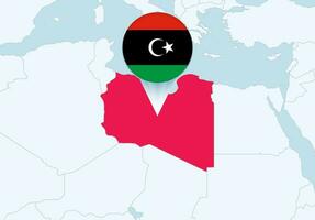 Afrika met geselecteerd Libië kaart en Libië vlag icoon. vector