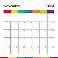 november 2024 kleurrijk muur kalender, week begint Aan zondag. vector