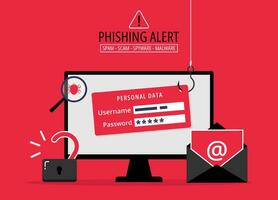 phishing aas alarm concept, Log in in account e-mail met visvangst haak, hacker proberen naar hack en stelen persoonlijk gegevens, cyber veiligheid waarschuwing van cybercriminaliteit vector