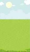 lucht blauw met wolk achtergrond, lente landschap met groen gras veld- verticaal natuur zomer landelijk met kopiëren ruimte, schattig tekenfilm vector illustratie backdrop banier voor Pasen