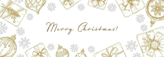 vrolijk Kerstmis en gelukkig nieuw jaar horizontaal groet kaart met hand- getrokken gouden Kerstmis geschenk dozen en sneeuwvlokken. vector illustratie in schetsen stijl. vakantie feestelijk achtergrond