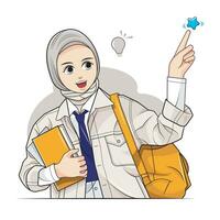 weinig moslim schoolmeisje. een hijab meisje tonen een idee, vector illustratie pro downloaden