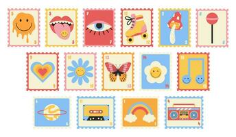 reeks van schattig retro port postzegels in jaren 70 groovy hippie stijl geïsoleerd Aan wit achtergrond. vector