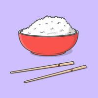 rijst- in een kom met eetstokje tekenfilm vector illustratie. rijst- voedsel vlak icoon schets