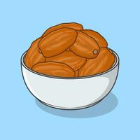 kom van datums fruit tekenfilm vector illustratie. datums fruit voedsel voor iftar in Ramadan vlak icoon schets