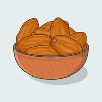 kom van datums fruit tekenfilm vector illustratie. datums fruit voedsel voor iftar in Ramadan vlak icoon schets