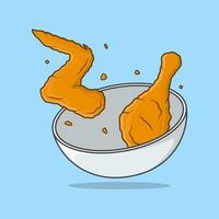 gebakken kip krokant in wit kom tekenfilm vector illustratie. gebakken kip vlak icoon schets