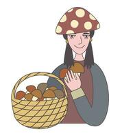 jong vrouw met een mand van champignons. vector geïsoleerd illustratie