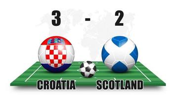 Kroatië vs Schotland. voetbal en nationale vlag patroon op perspectief voetbalveld. gestippelde wereldkaart achtergrond. voetbalwedstrijd resultaat en scorebord. sportbeker toernooi. 3D-vectorontwerp vector