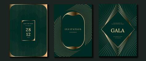 luxe uitnodiging kaart achtergrond vector. gouden kromme elegant, goud lijnen helling Aan donker groen kleur achtergrond. premie ontwerp illustratie voor gala kaart, groots opening, partij uitnodiging, bruiloft. vector