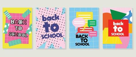 Welkom terug naar school- Hoes achtergrond vector set. schattig kinderjaren illustratie met meetkundig vormen, toespraak bubbel, punt, kleurrijk. terug naar school- verzameling voor afdrukken, opleiding, spandoek.