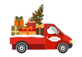 de kerstman het rijden een rood vrachtauto met een Kerstmis boom en presenteert. de kerstman claus het rijden een rood wijnoogst auto levert Kerstmis geschenken. geïllustreerd vector element.