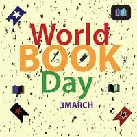 wereld boek dag. boeken met bladwijzer, pen, potlood Aan licht geel grunge achtergrond. onderwijs vector illustratie.