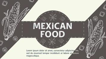 illustratieschets voor het ontwerp in het midden van de cirkel de inscriptie Mexicaans eten maïskolf of maïs op een koffieachtergrond vector