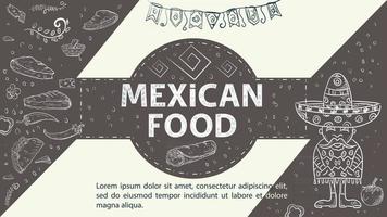 illustratie schets voor het ontwerp in het midden van de cirkel de inscriptie Mexicaans eten Mexicaans in een poncho en sombrero tortilla die burrito hete chili peper op een koffie achtergrond vector