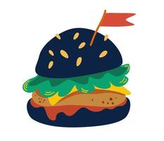 hamburger op zwart broodje. zwarte burger met kotelet, kaas, tomaat, sla en een vlag. plat ontwerp voor menu café, restaurant, poster, sticker. Hamburger. platte vectorillustratie. vector