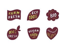 eco-badge in handraw-stijl. biologisch logo. veganistische productlabels, badges voor natuurlijke voeding en eco-groenten, stickers voor verse en gezonde producten. vector illustratie