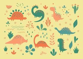 schattige dinosaurussen en tropische planten in schetsmatige stijl. grappige cartoon dino set. handgetekende vector doodle set voor kinderen