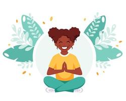 afro-amerikaans meisje mediteren in lotus houding. gymnastiek, meditatie voor kinderen. vector