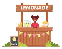 afrikaans amerikaans meisje dat koude limonade verkoopt in limonadekraam. zomer koud drankje. vector