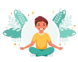 kleine jongen mediteren in lotushouding. gymnastiek, meditatie voor kinderen. vector