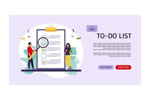 checklist, to-do lijst bestemmingspagina. bedrijfsidee, planning of koffiepauze. vectorillustratie. vlakke stijl. vector
