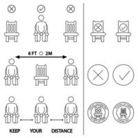 hou afstand. ga hier niet zitten. verboden pictogram voor stoel. 6 voet of 2 meter sociale afstand voor stoelzitting. lockdown regel. houd afstand als u zit. man op de stoel vector