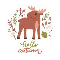 Hallo herfst ansichtkaart met eland. bos- kaart met bladeren en schattig Woud dier Aan wit achtergrond. vector illustratie