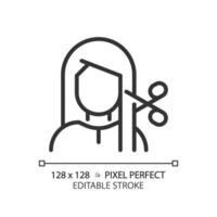 2d pixel perfect aanpasbare vrouw met kapsel Bij spa zwart icoon, geïsoleerd vector, haarverzorging dun lijn gemakkelijk illustratie. vector