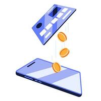 mobiel bank app en elektronisch betalingen. smartphone credit kaart opladen via elektronisch telefoon portemonnee. online bankieren. boodschappen doen met uw telefoon en verbonden kaart. vector illustratie