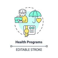 2d bewerkbare Gezondheid programma's dun lijn icoon concept, geïsoleerd vector, veelkleurig illustratie vertegenwoordigen pensionering. vector