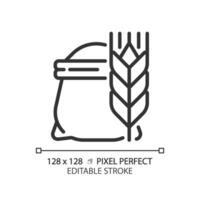 meel pixel perfect lineair icoon. zak van tarwe. Koken brood. bakken ingrediënt. rauw agrarisch Product. dun lijn illustratie. contour symbool. vector schets tekening. bewerkbare beroerte