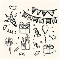 set gelukkige verjaardag doodles. schets van feestdecoratie, geschenkdoos, cake, feestmutsen. hand getrokken vectorillustratie geïsoleerd op een witte achtergrond. vector